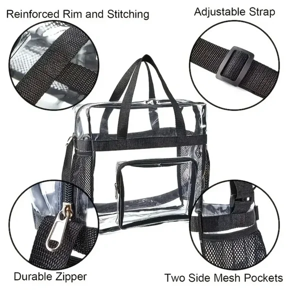 LARGE CLEAR TRANSPARENT TOTE WITH ADJUSTABLE STRAP HANDBAG-STADIUM APPROVED-NEW - Picture 5 of 6